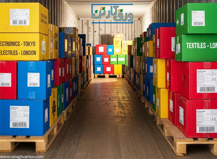 کارتن صادراتی روی پالت استاندارد داخل کانتینر